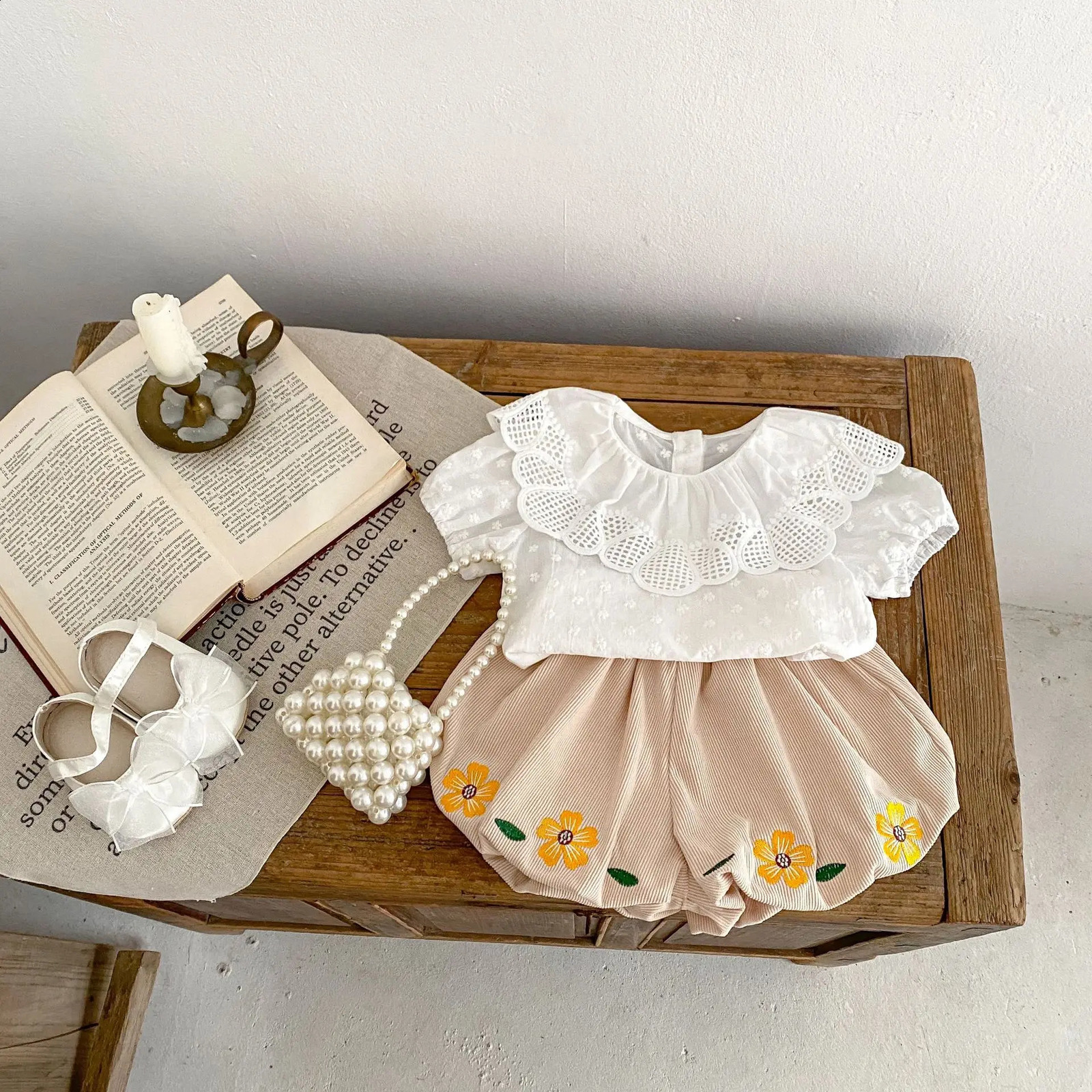 Summer Baby Girl Trend Sweet All Solid Color Large Lace Collar Embroidered Small Flower Bubble Short Sleeve Shirt Bottom 250319