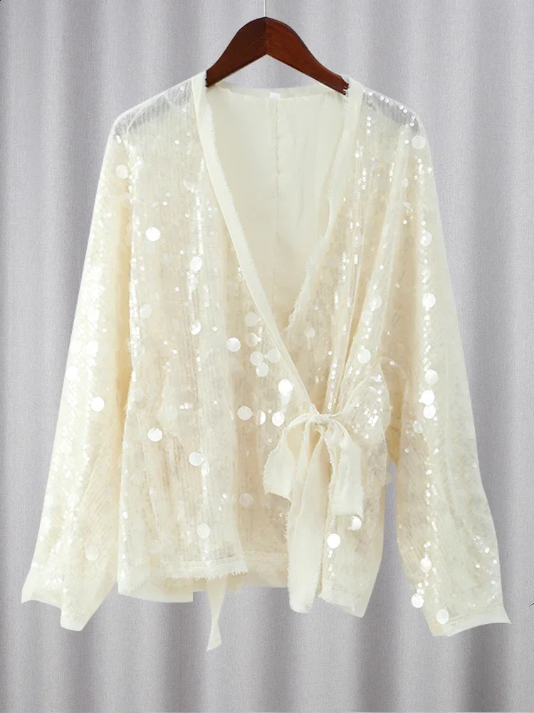 Elegant White Sequins Patchwork Lace-up Shirt For Women Long Sleeve V-neck Loose Short Coats Autumn Winter Street Partywear 250319