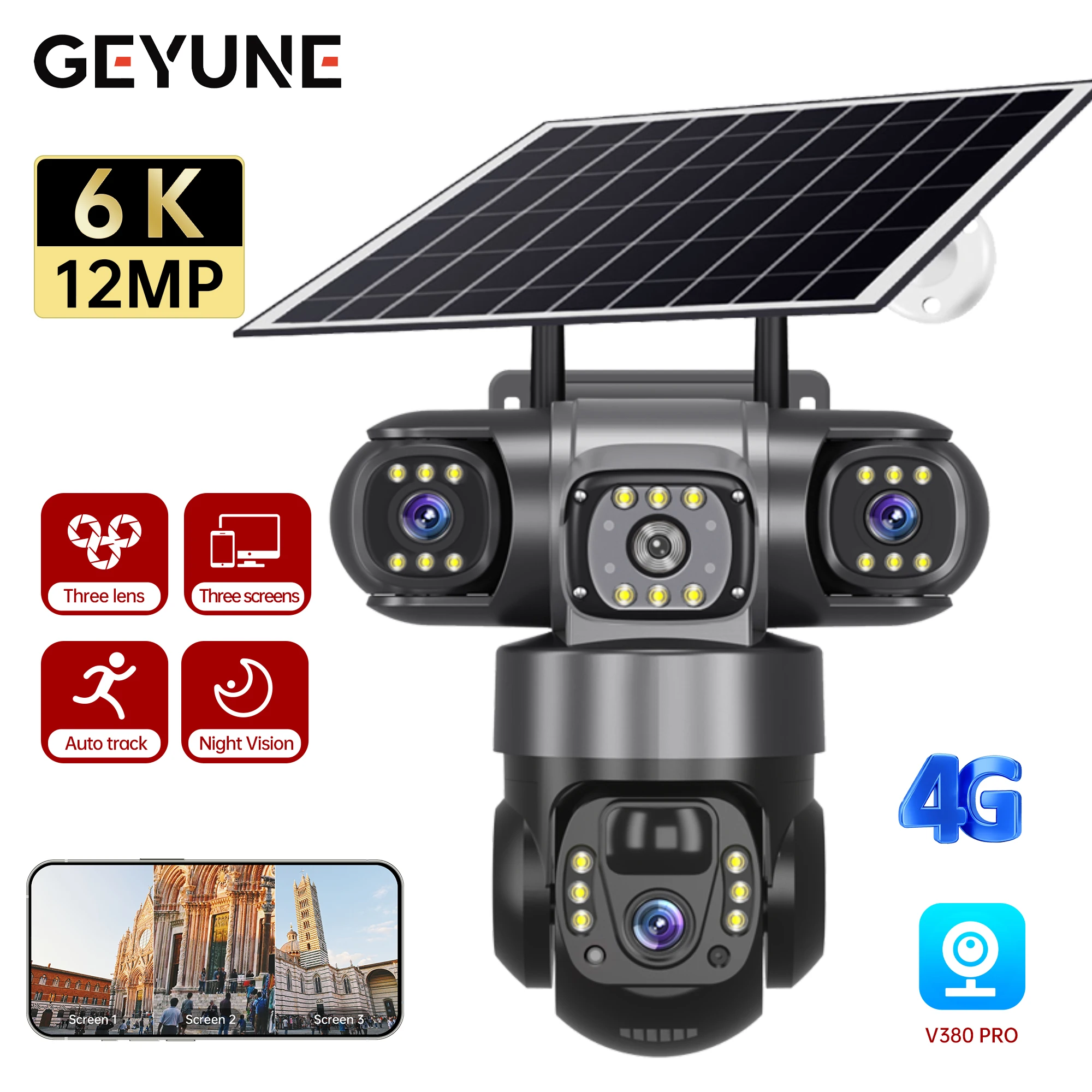4G Solar Camera 12MP 6K 3 Lens Outdoor CCTV Waterproof Night Vision Two-Way Intercom V380 PRO Cameras Mobile Tracking IP Camera
