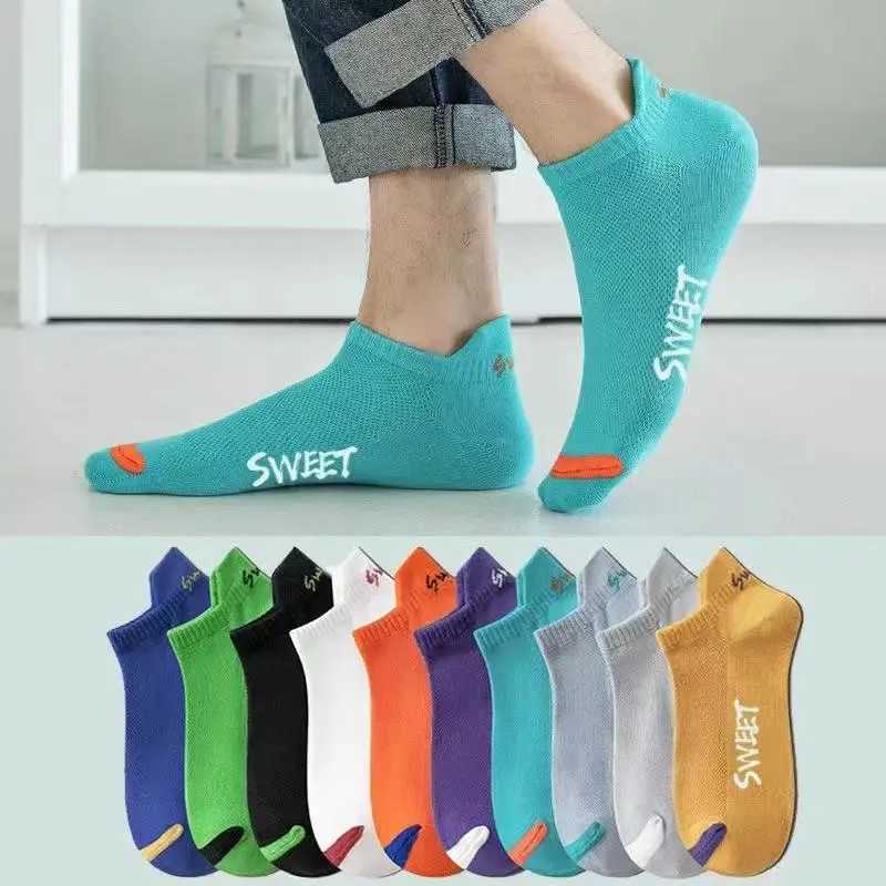 5/10 pairs of summer mens fashionable short socks anti odor sweat absorbing breathable mesh letter sports style ankle socks X250319
