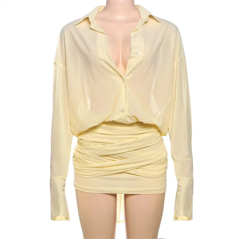 Summer Single Breasted See Through Bodycon Ruched Mini Shirt Dress Outfit Fashion Long Sleeve Lapel Beach Dresses 250318