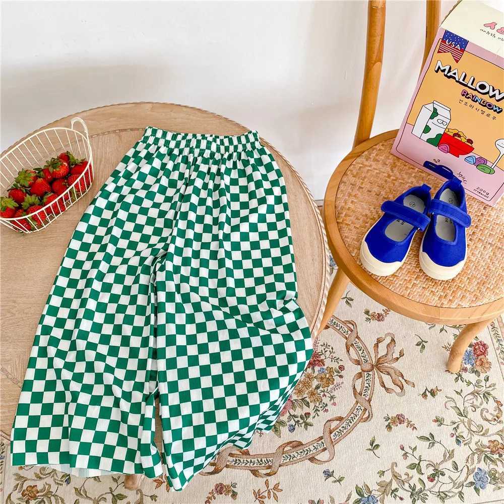 Childrens wide leg pants Korean childrens clothing summer checkered pants cool pants suitable for boys and girlsT250318