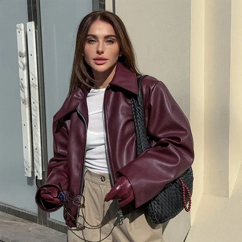 Yaminiya SpringSummer Womens Jacket Fashion Collar Zipper Long Sleeve Coat Street Burgundy Leather 250319