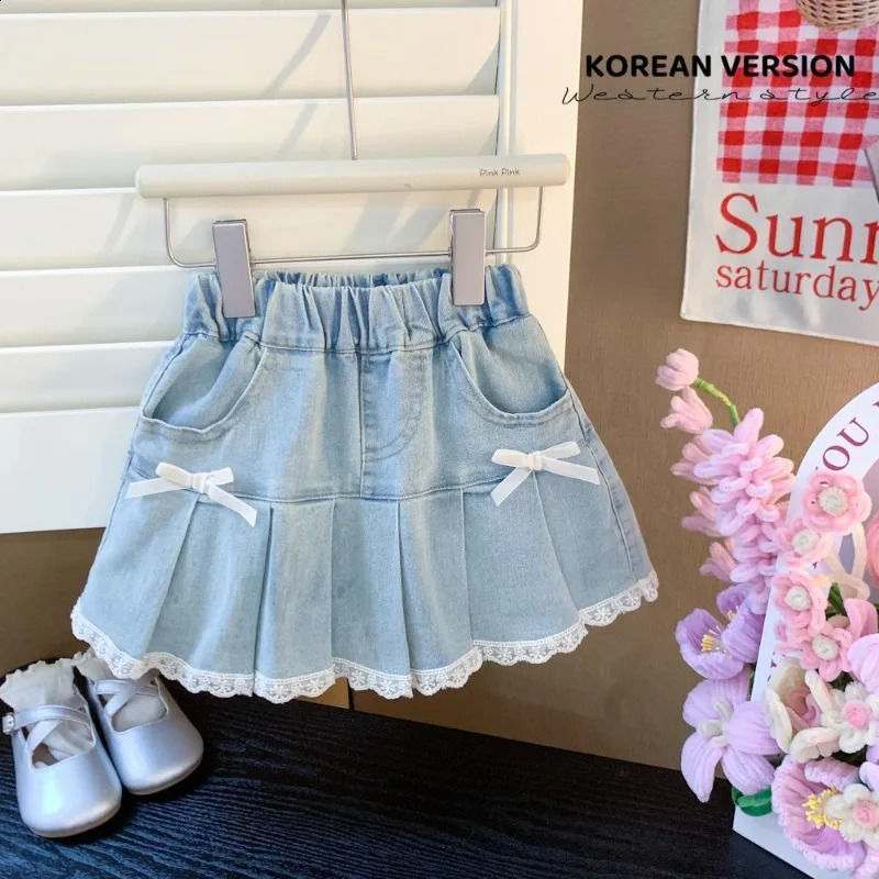 Girls Summer Denim Skirt Female Baby Korean Version of The Foreign-style Cute Bow Lace Pleated Skirt 250319
