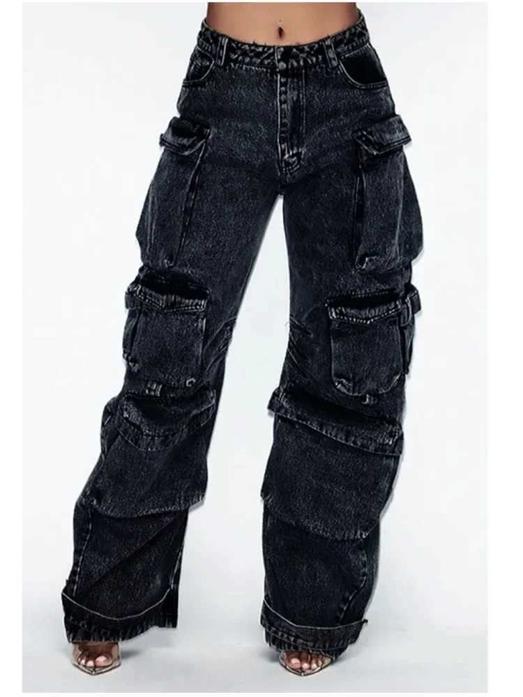 Solid color multi pocket loose jeans womens street retro hip-hop wide leg pants casual straight high waist jeans womenT250319
