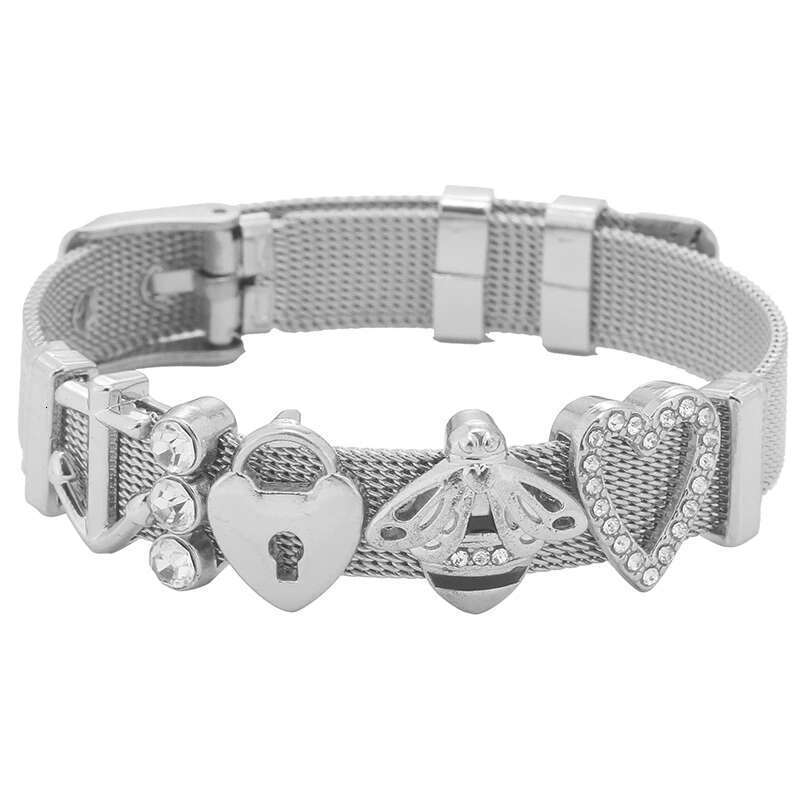 Stainless Steel Keeper Mesh Bracelets with Lovely Bee & Ladybug Crystal Slide Charms Wrap Bracelets Bangle For Women Gift