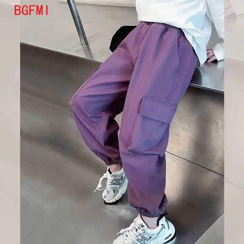 Girls purple casual pants big childrens clothing Korean black cargo pants girls 2025 spring fashion new cotton TrouthersT250318