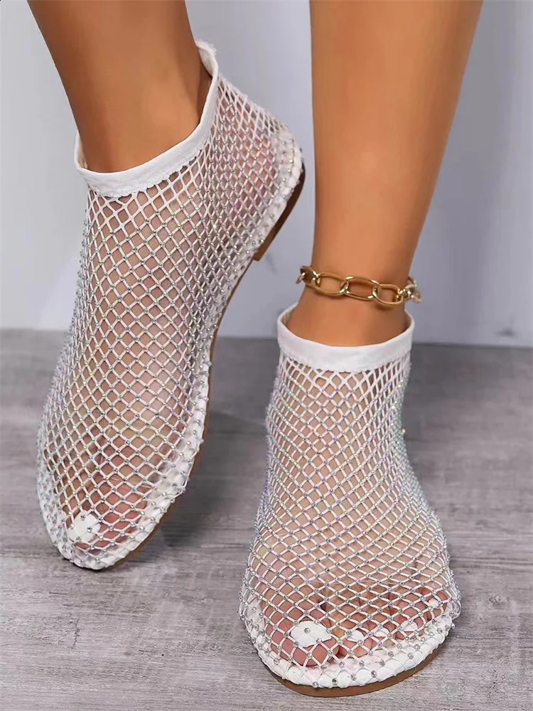 Msfilia Round Toe Sandals With Hollowed Out Internet Famous Diamond Studded Short Boots Summer Sexy Plus Size Flat Shoes 250317