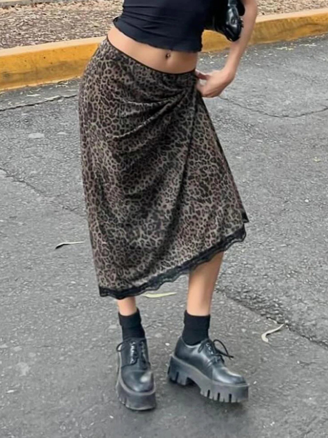 Rockmore Gothic Leopard Print Patchwork Lace Long Skirts Vintage Streetwear Y2K Straight Skirts Lady Harajuku Fashion Aesthetic 250319