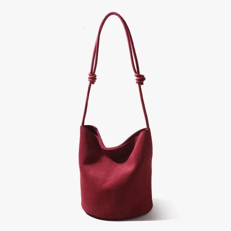 Suede Leather Handbag Women Mini Bucket Tote Strings Shoulder Vintage Bags Winter Daily Commuting Purses