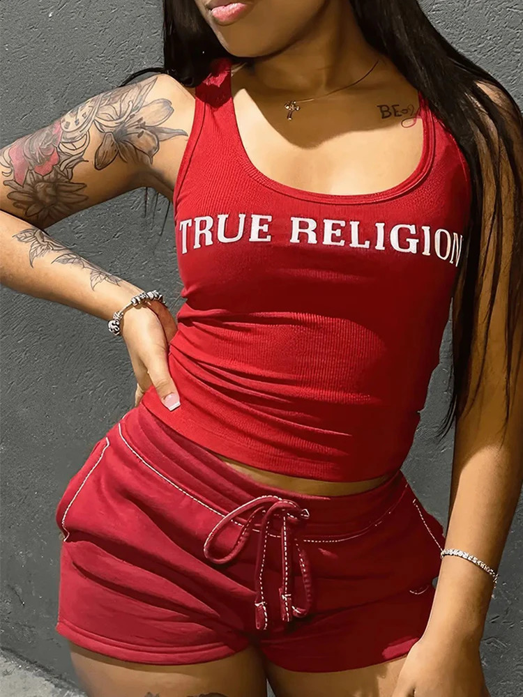 Crop top summer ribbed 2-piece pants set womens Y2K streetwear sexy club graphic cut shirt 2-piece shorts set 250318