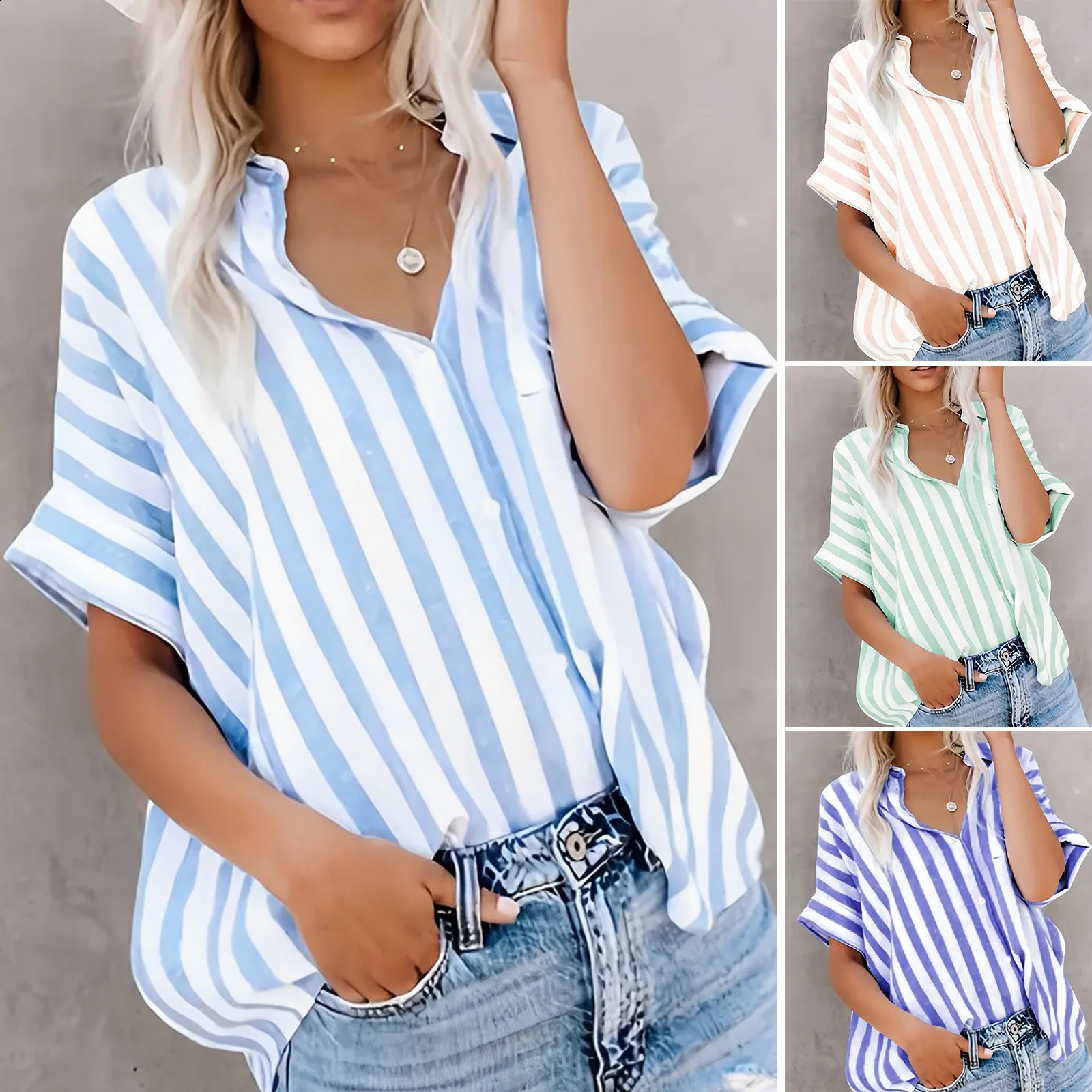 2025 Spring Summer Ladies Blouses Daily Casual Long-Sleeved Shirt Street Fashion V-Neck Shirt Striped Printed Womens Shirt 250318