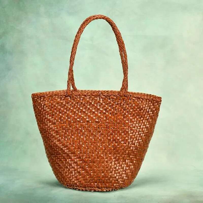 Made Braided Genuine Leather Cowhide Hand-Woven Vegetable Basket Women's Shoulder Retro Shopping Bag