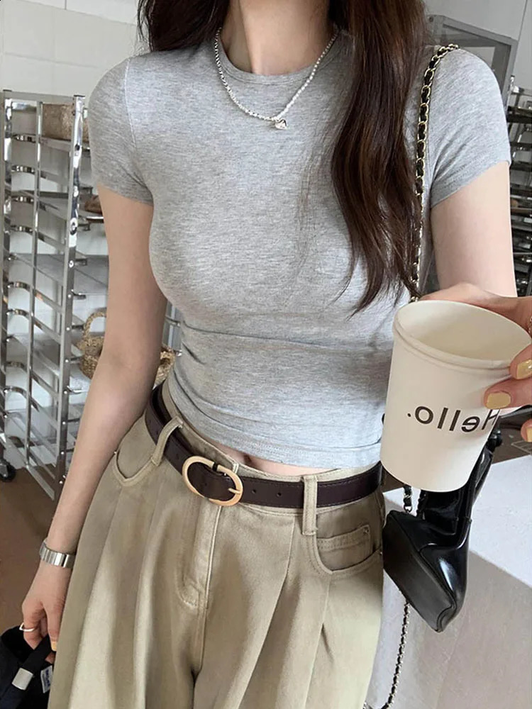 Basic Solid Crop Top Short Sleeve Crewneck Skinny T-shirt Summer Casual Tee for Women y2k Vintage Top Harajuku Streetwear 250319