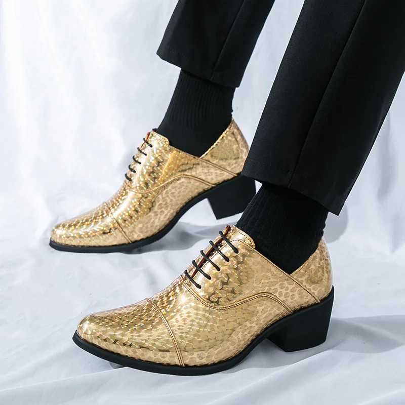 Luxury gold mens shoes elegant high-heeled leather shoes suitable for mens Pointed toe comfortable formal shoes Oxford shoesXJ250319