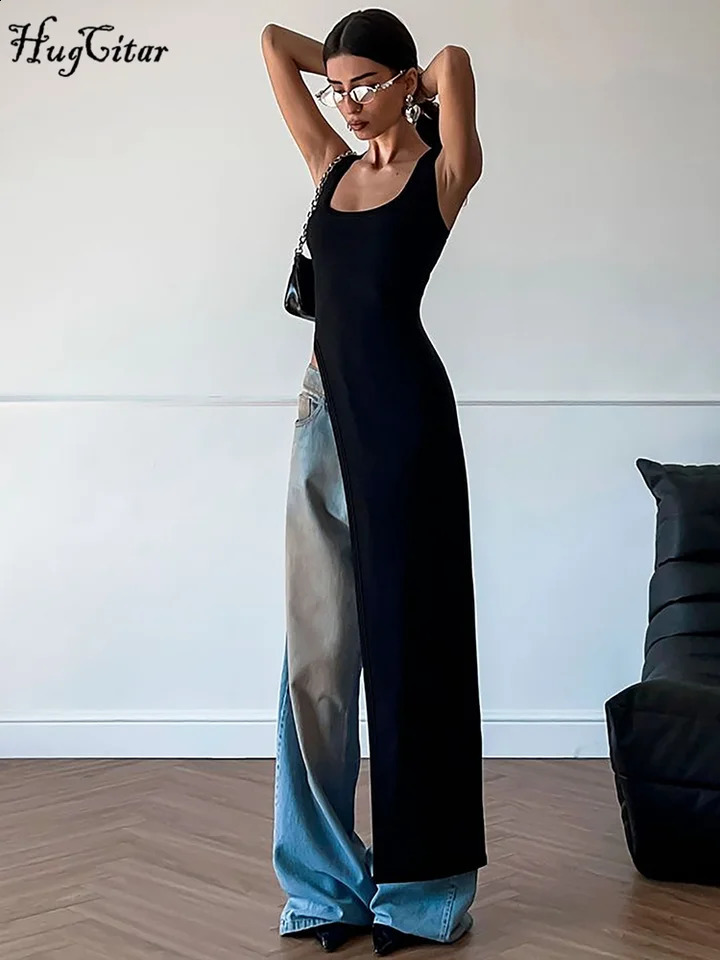 Hugcitar Fashion Solid Square Collar Straps Backless Slit Sexy Bodycon Maxi Dress Summer Women Y2K Outfits Party Vacation 250319