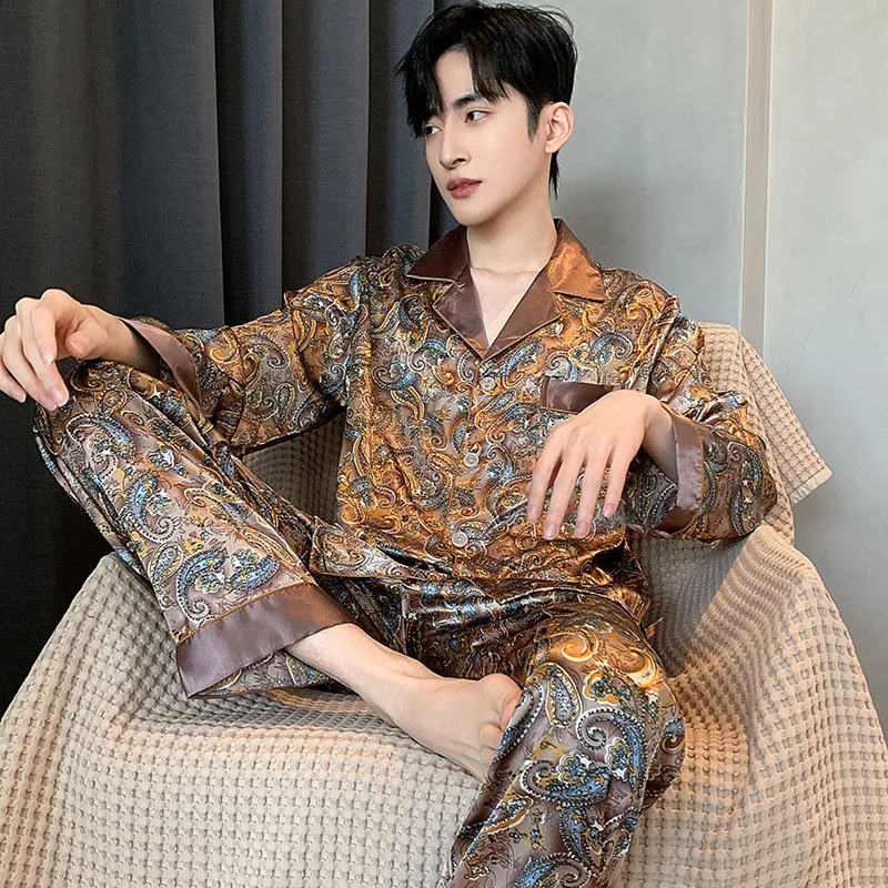 Sleepwear Mens Pajamas Trousers Long Sleeve Short Sleeve Shorts Mens Pajamas Sleep Printed Silk Satin Pajamas for Men Sets 250317