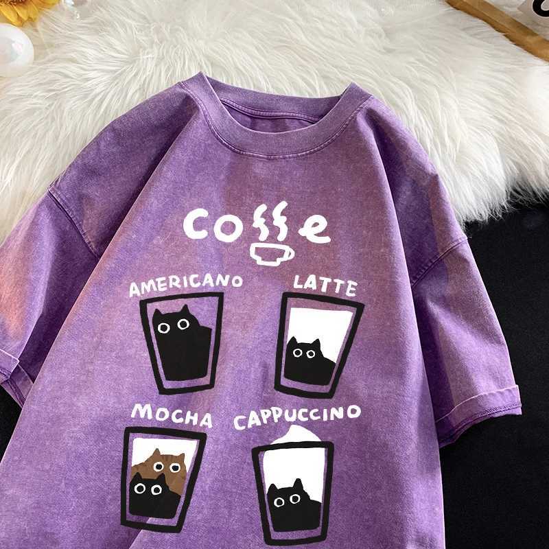 American retro fashion cat cotton T-shirt mens summer loose couple short sleeved top Harajuku Y2k retro washed T-shirtT250318