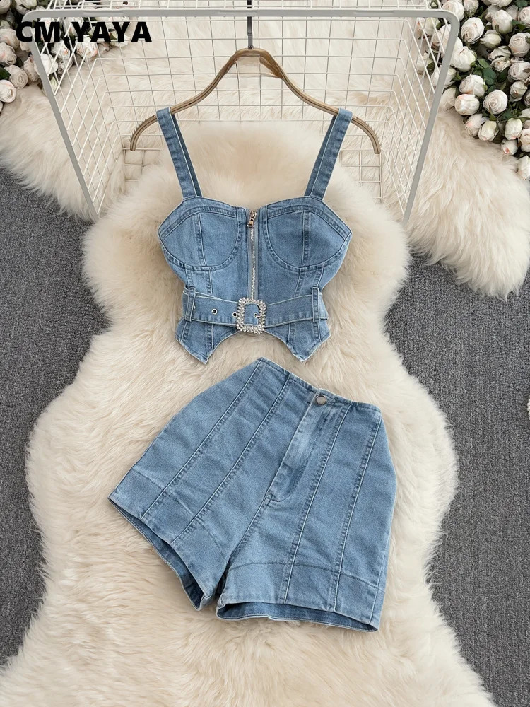 CM.YAYA Women Set Denim Strapless Belt Top Mini shorts Sets Street Casual Two 2 Piece Set Sexy Party Outfit Summer 250319