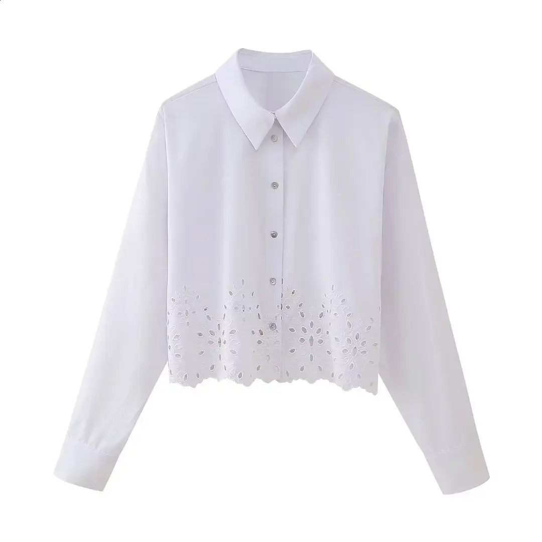 Spring Womens Clothing Versatile Solid Color Hollow Embroidered Single Chest Long Sleeve Cut Shirt Wholesale 250312