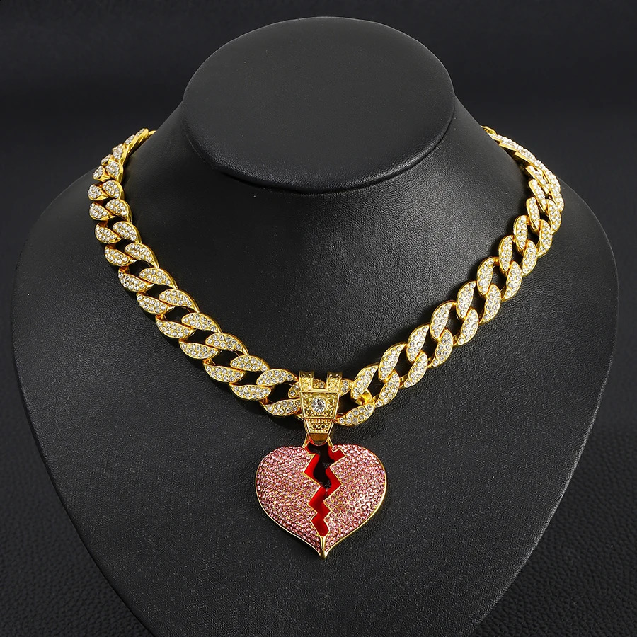 Iced out 15mm miami cuban chain jewelry alloy and rhinestone hip hop pink heart pendant necklace 250313
