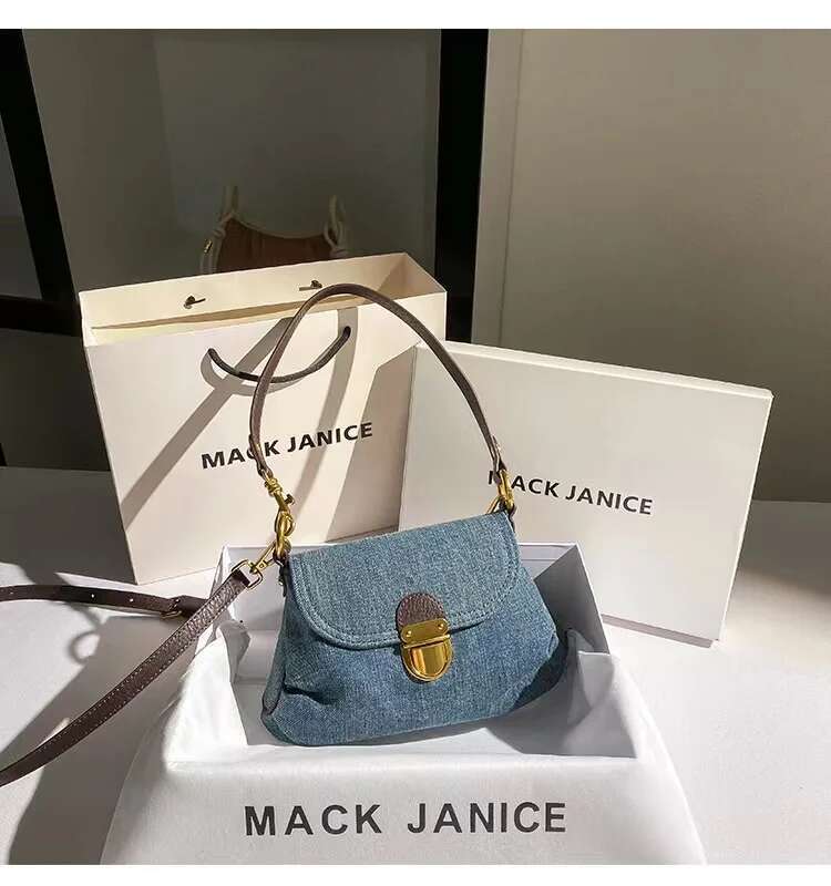 Autumn High Quality Blue Denim Square Women Fashion Handbag Shoulder Messenger Lady Purse Female Underarm Bag Armpit