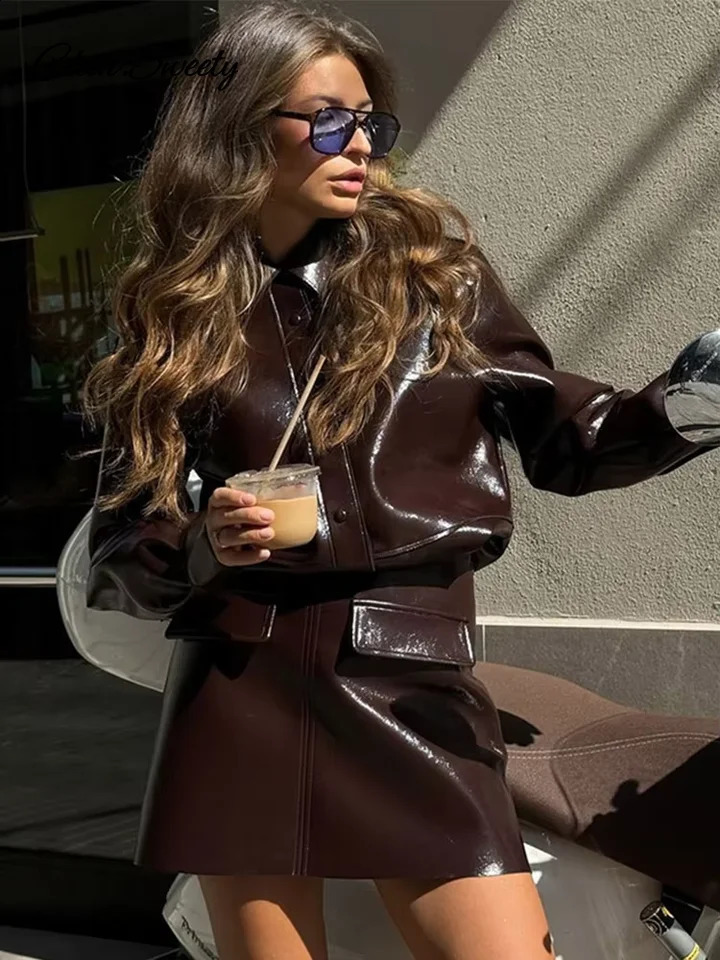 Casual Leather Jacket Skirt Set for Women 2 Pieces Lapel Single Breasted Top Mini Skirts Autumn Lady Y2k All-matching Outfits 250319