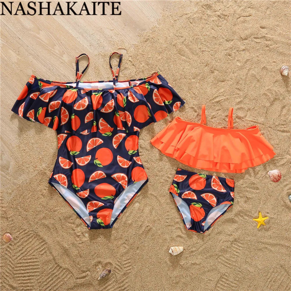 NASHAKAITE Family Swimsuit Mother Daughter Matching Swimwear For Family Set Orange Printed Mommy and me swimsuit bikini women 250319
