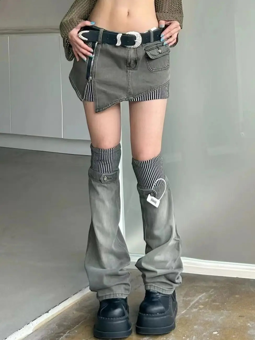 American retro patterned patchwork denim suit half skirt women Y2K irregular short skirt leg cover two-piece set for wearing 250317