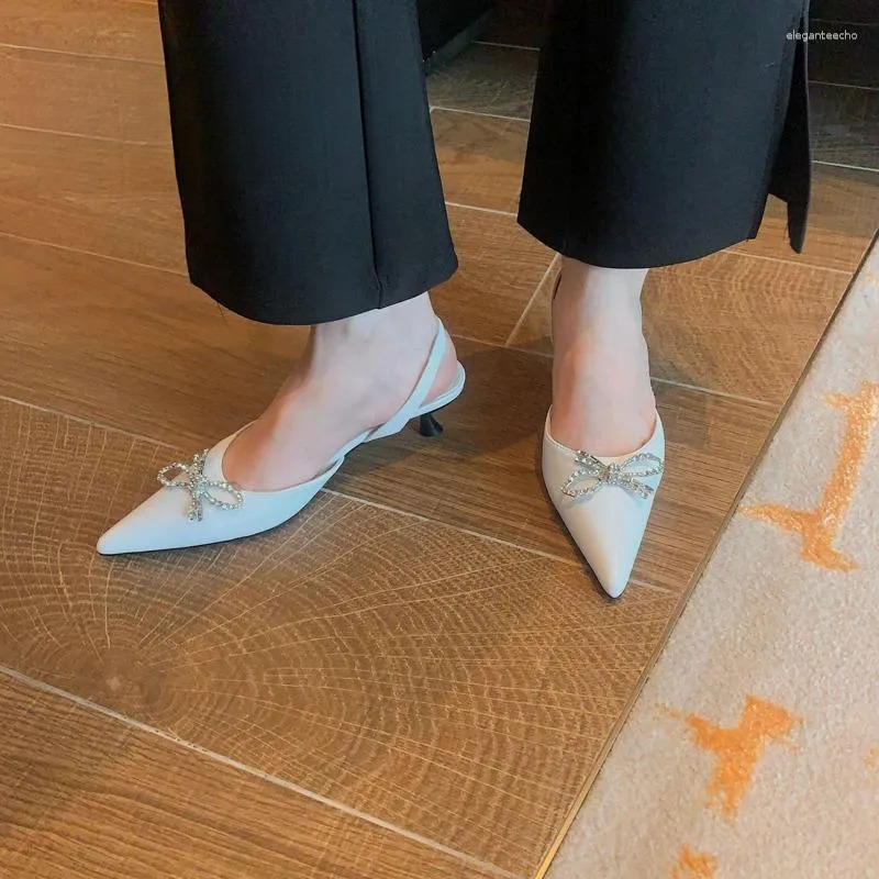 2025 S Fashion Designer Sandals Elastic Back Strap Women High Heel Shoes Ladies Elegant Office Pumps Summer Crystal Slippers Bow Loafers