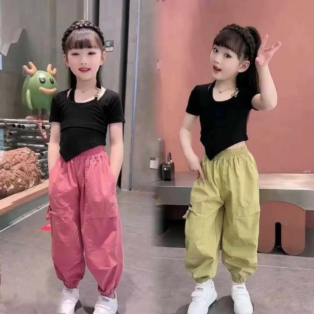 Pants for Kids Girls Cargo Pants Pure Color Trousers Pocket Loose Sport Pants High Waist Elastic Children Casual Running PantsT250318
