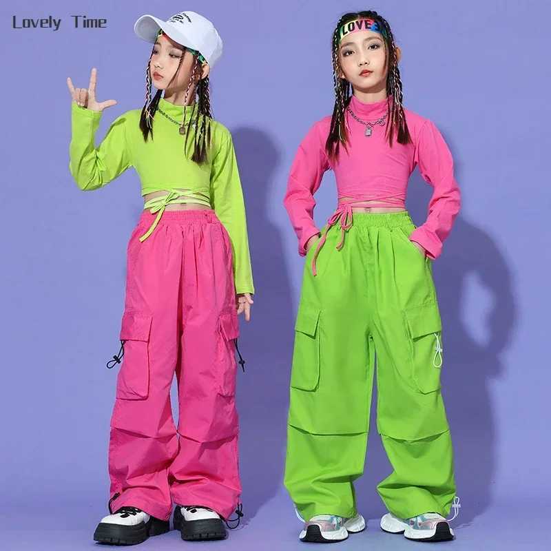 Girl Hip Hop Color Crop Top Products Pants Childrens Sports Shirts Joggers Childrens Street Clothing Jazz K-pop Street Dance Costume SetT250318