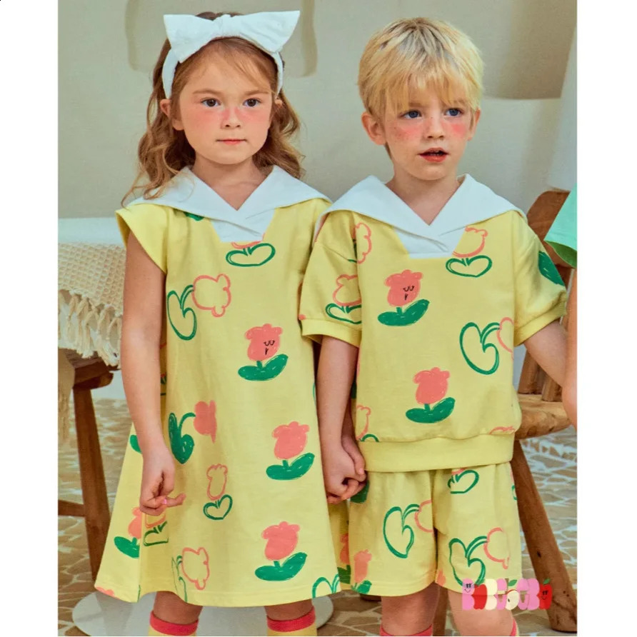 Childrens Short-sleeved Suit 2025 Summer Printing Lapel Fashion Boys T-shirt Cotton Sweet Girl Dress Childrens Clothing 250319