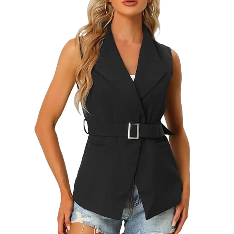 Womens Sleeveless Collar Open Vest Spring Jacket Thin with Inner Lining and Belt Clothing 250319