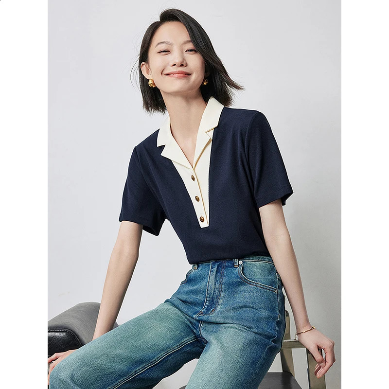 TOYOUTH Women Contrasting Colors POLO Collar T-shirt 2025 Summer Short Sleeved Top 250318