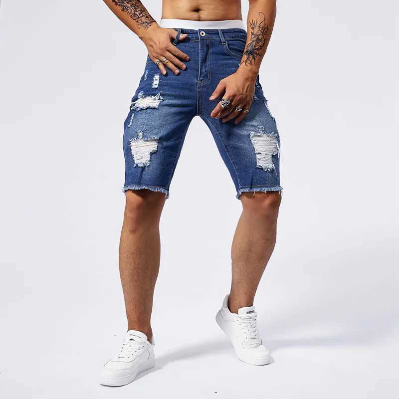 2025 Summer New Mens Ripped Denim Shorts Fashion Vintage Hole Streetwear Stretch Slim Knee-length Short Pants Trendy Brand Male W250319
