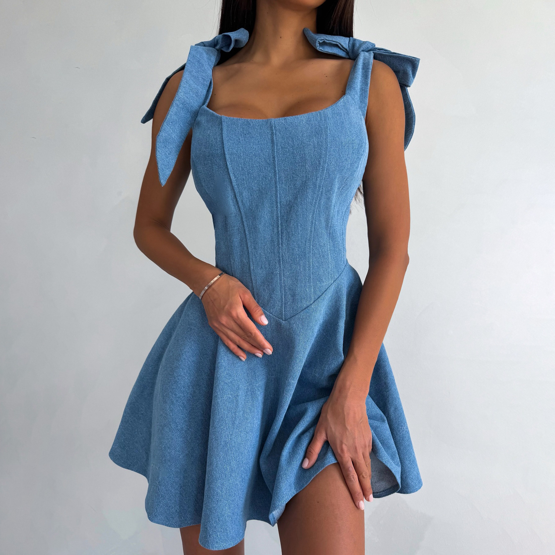 Fashionable spicy girl square collar tied fishbone waist autumn and winter street style denim dress for women