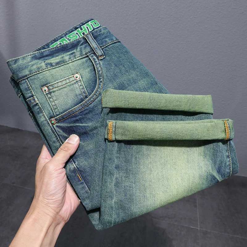 Retro green denim shorts mens summer stretch fashion brand loose straight American casual pleated cool shorts W250319