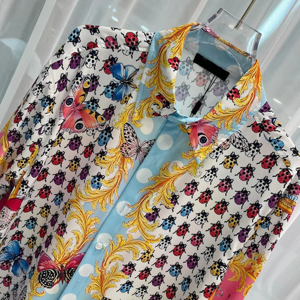 Spring and summer mens casual fashion seven star ladybug print trendy long sleeved floral loose top 250317