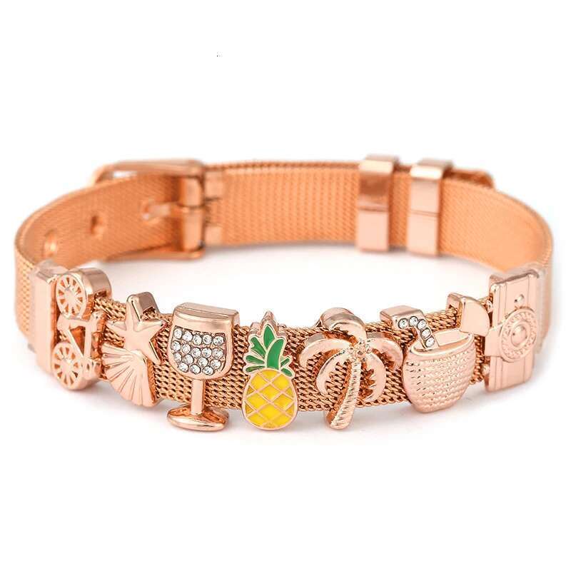 DIY 10mm Adjustable Stainless Steel Mesh Bracelet With Feet Coconut Tree Beads Charm Brand Bracelet For Women Men Jewelry Gift