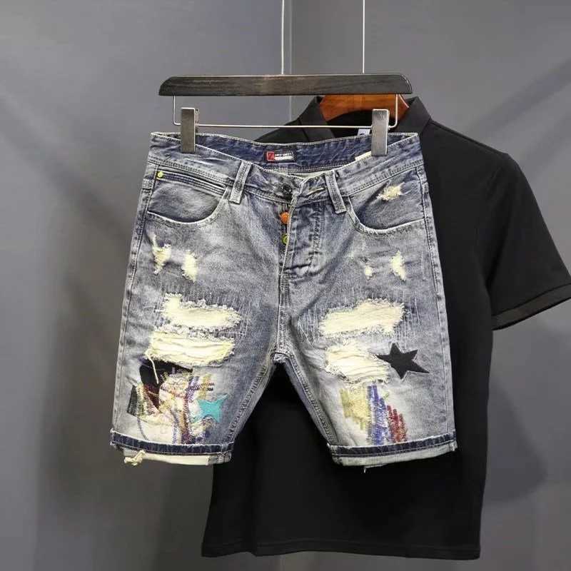Summer mens fashion scratch patch beggar denim shorts hip-hop washable denim shorts casual shorts W250319