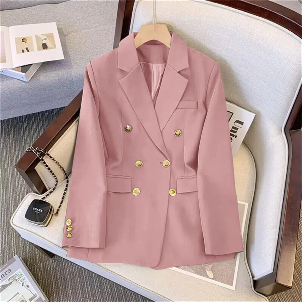 Womens fashionable warm jacket long sleeved double chest ultrathin autumn spring suit office womens casual 250319