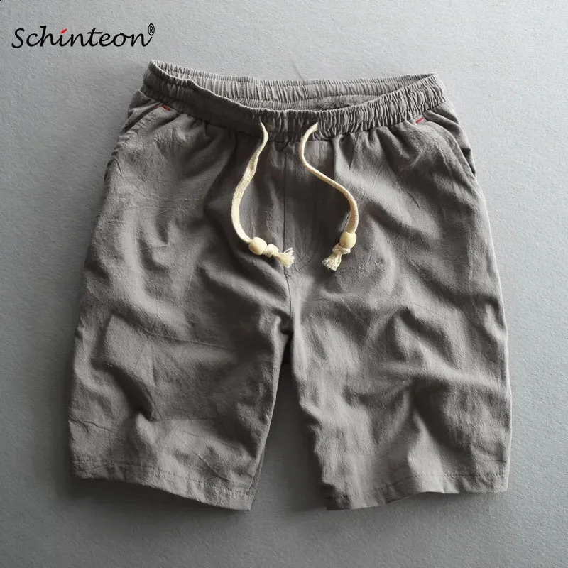 Schinteon Summer Men Casual Cotton Linen Shorts Knee Length Beach Elastic Waist Shorts Solid Color Comfortable Pants 250317