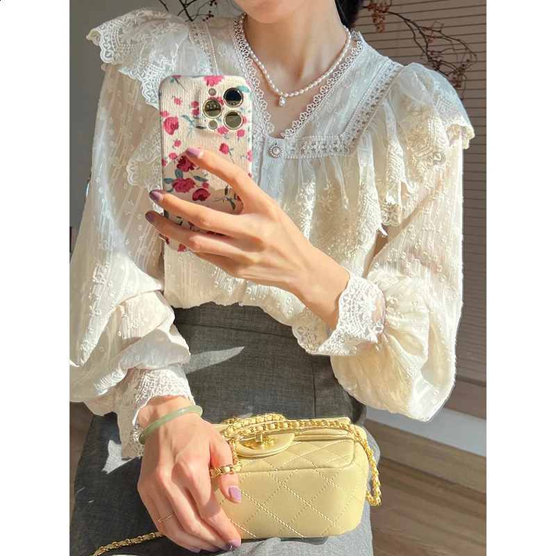 Vintage French Women Shirts Lace Lolita Elegant Long Sleeve Flounce Blouse High Quality Office Lady Fashion Chic Female Tops 250319