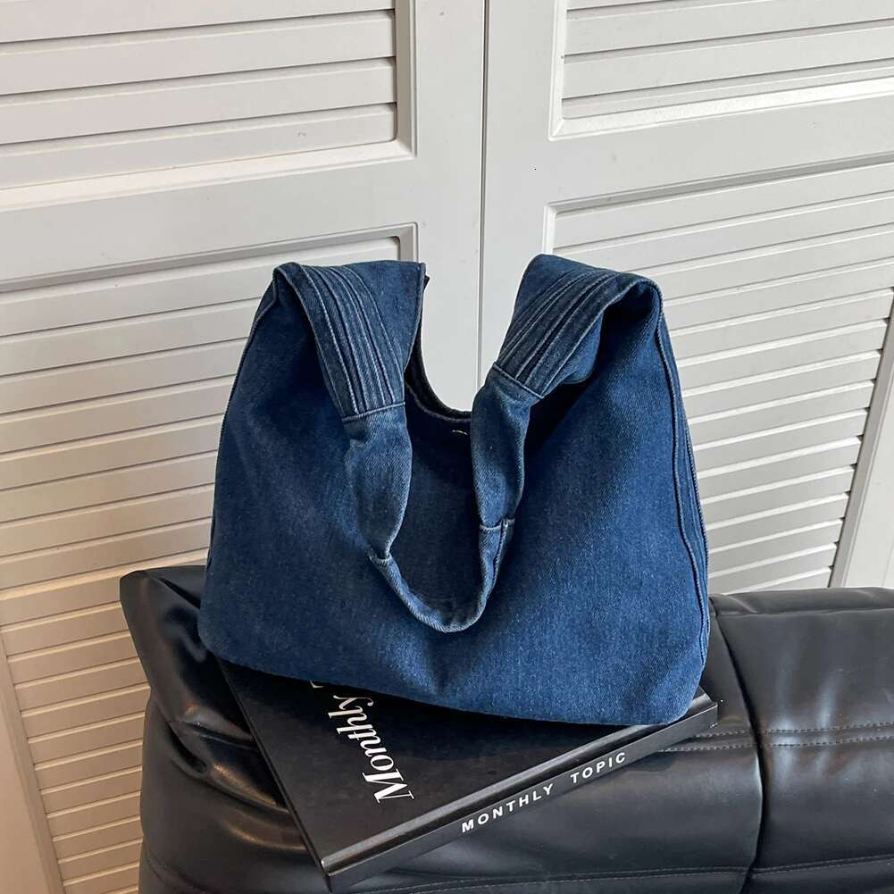 Women Vintage Shoulder Large Capacity Denim Simple Hobo Solid Color Versatile Shopping Female Daily Commute Bag