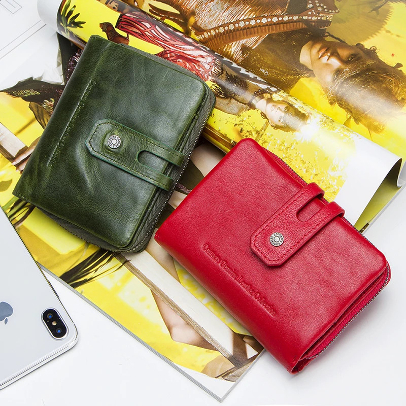 Contacts Wallet Women Zipper Genuine Leather Short Wallets Quality Coin Purse Women Hasp Button Purse With Credit Cards Holder 250318