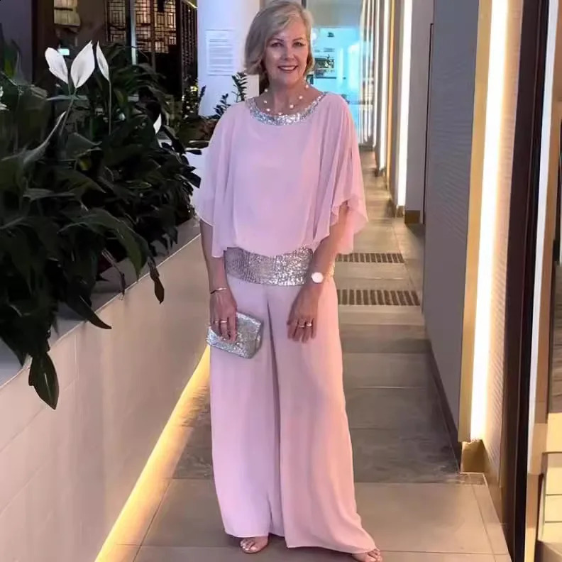 Womens twopiece pants set solid color elegant sequin patchwork top batwing sleeves wide leg high waist loose summer 2024 250319