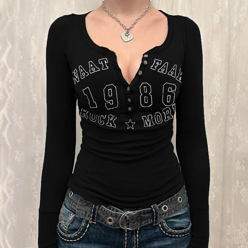 Black Tshirt womens autumn letter printed street clothing long sleeved Oneck sexy body top fashionable casual slim fit women 250311