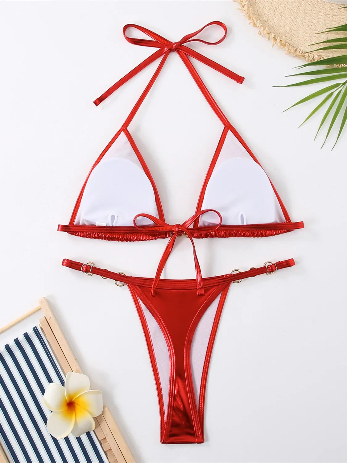 Sexy Micro Bikini Swimsuit Women Brazilian Brozing Solid Red Silver Push Up Pearl Thong Swimwear Bathing Suit Bikinis Set 250318