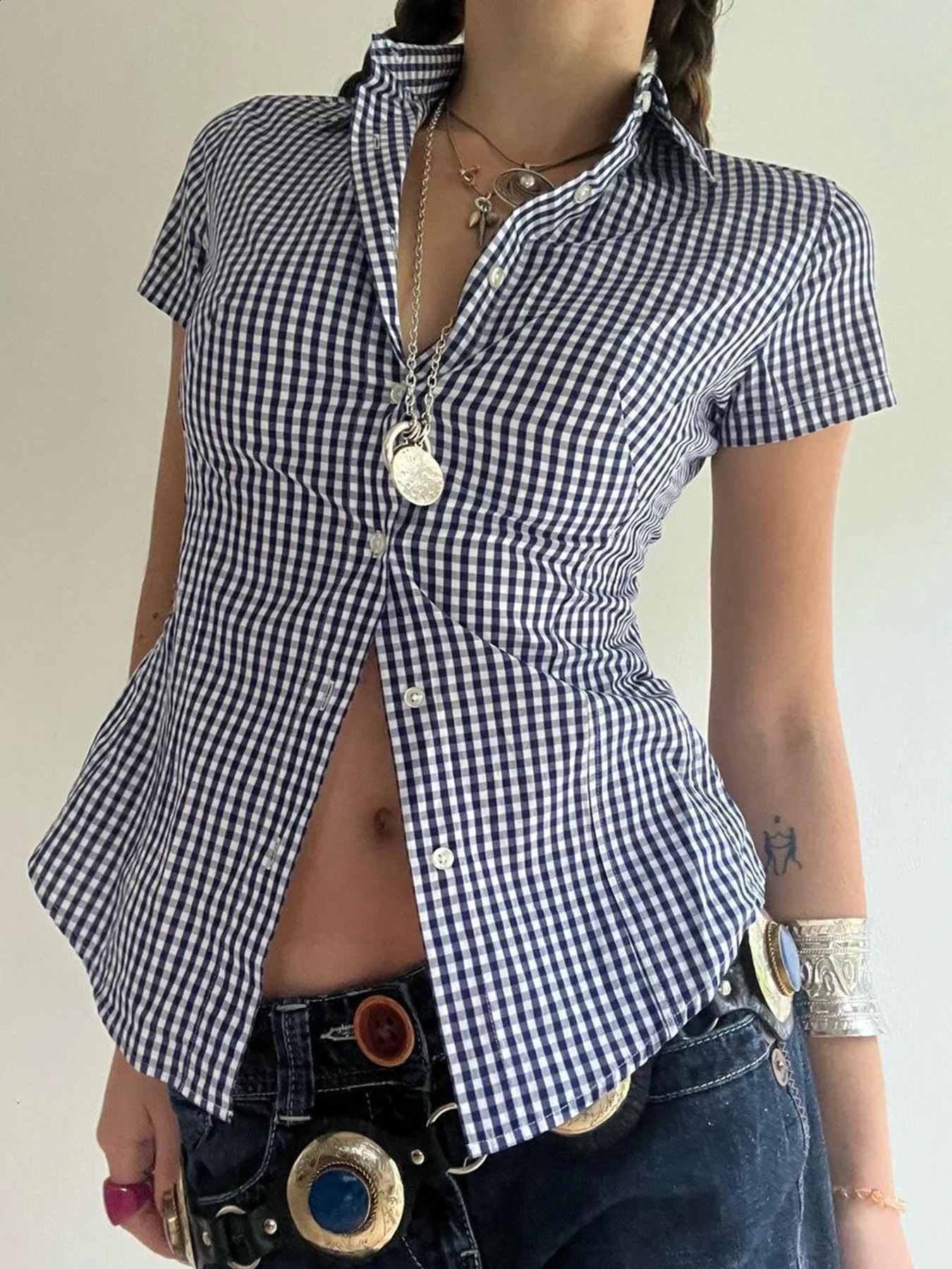 Sweetown American Retro Casual Short Sleeve Plaid Shirts For Women Button Up Turn Down Collar Summer Spring Preppy Tops 250319